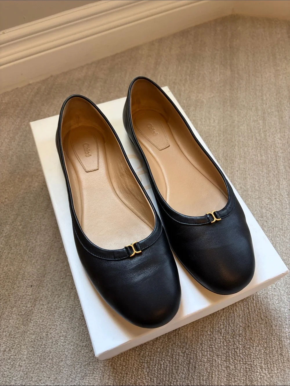 Chloe Black Leather Ballet Flats - Gold Accent